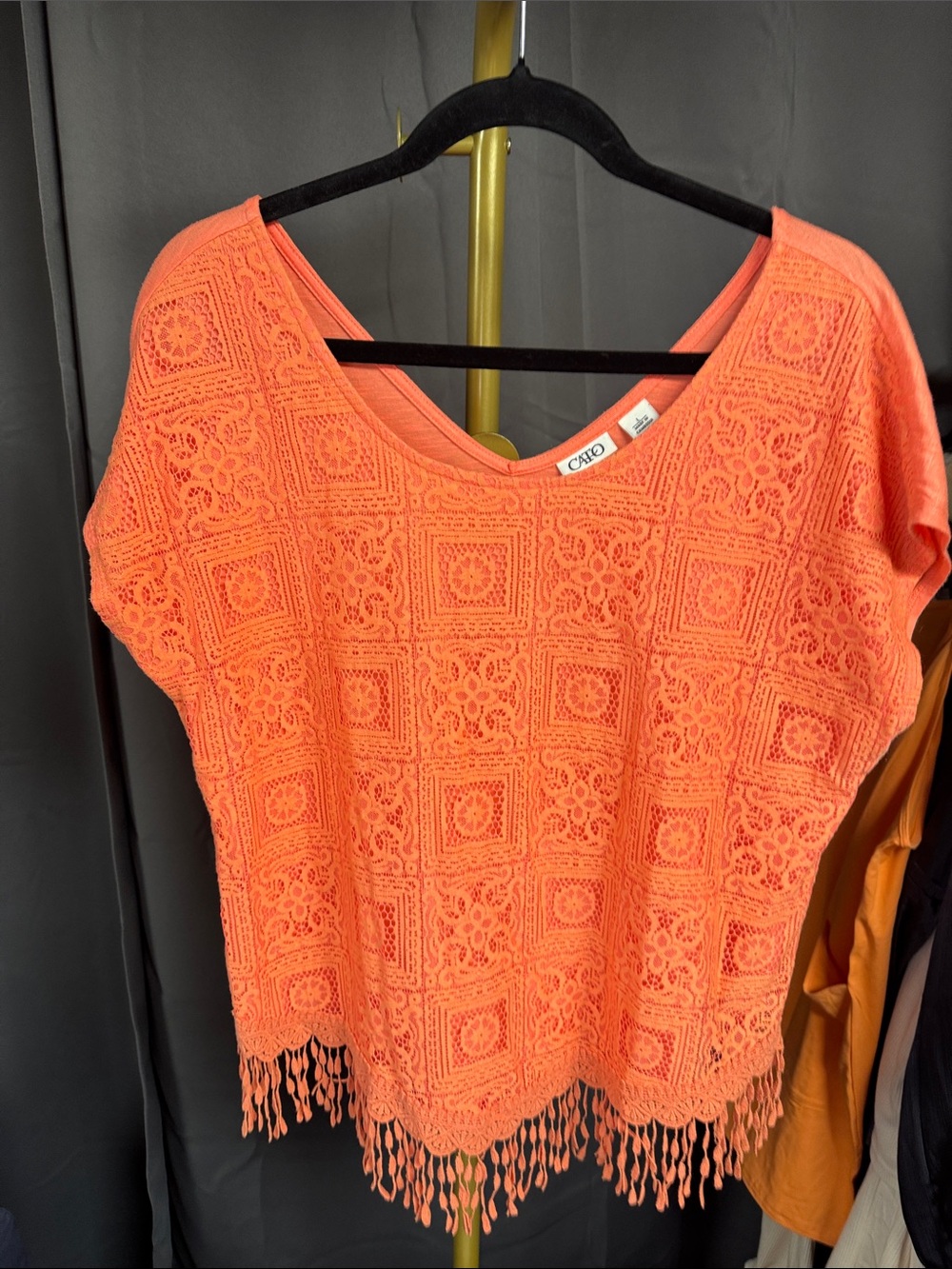 Cato Coral Openwork Fringe Tunic Top